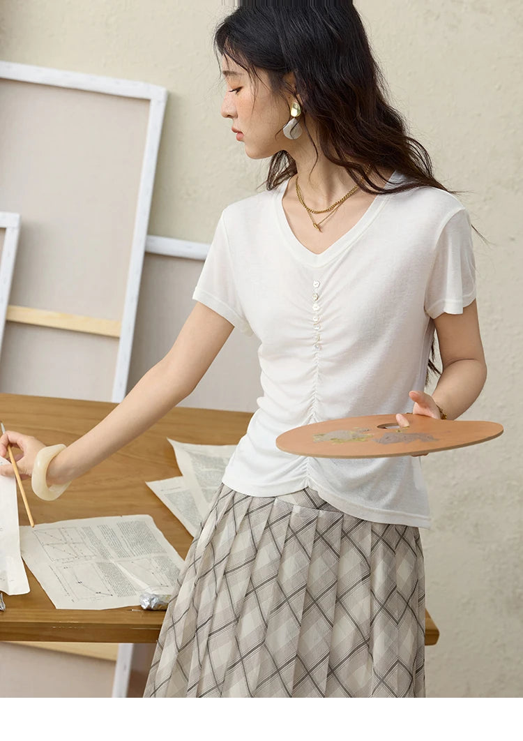 MISHOW V-neck Short Sleeve T-shirt Summer 2025 Mid Front Elastic Fold Single Row Shell Button Tees Casual Slim Tops MXE34T0560