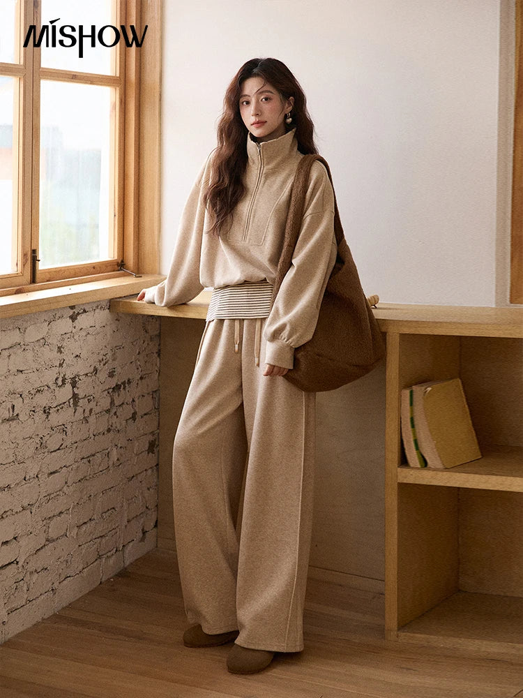 MISHOW Woman Pants Set 2025 Winter Casual Retro Sweatshirt Set Striped Lapel Half-Zip Sweatshirt Wide Leg Pants MXE87T1425