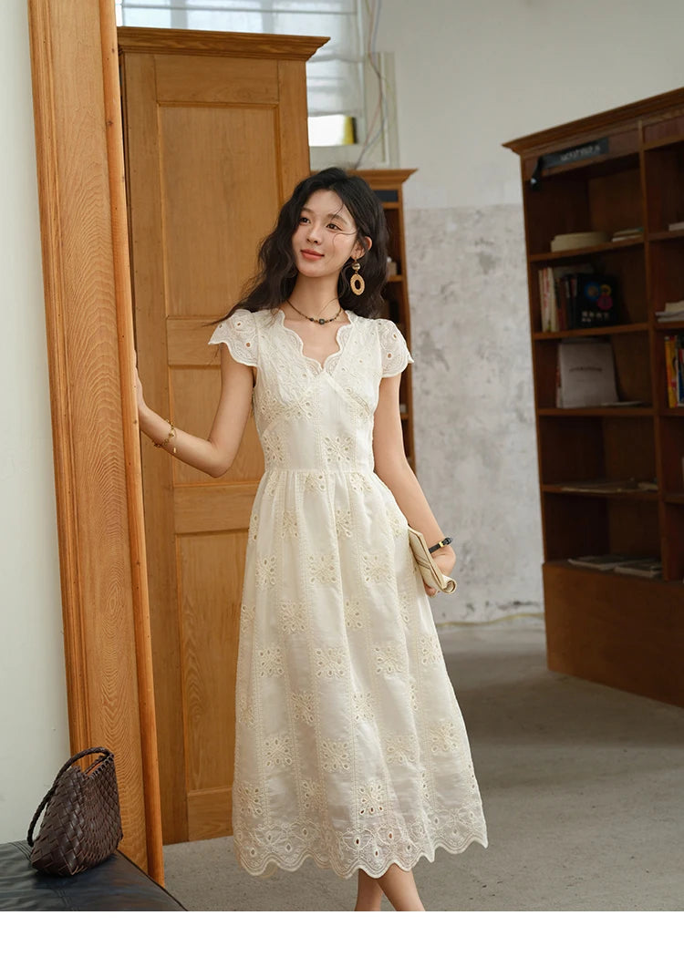 MISHOW Women's Flying Sleeve V-neck Hollow Dress 2025 Summer Embroidery A-line Dress Seaside Vacation Long Dresses MXE39L2404