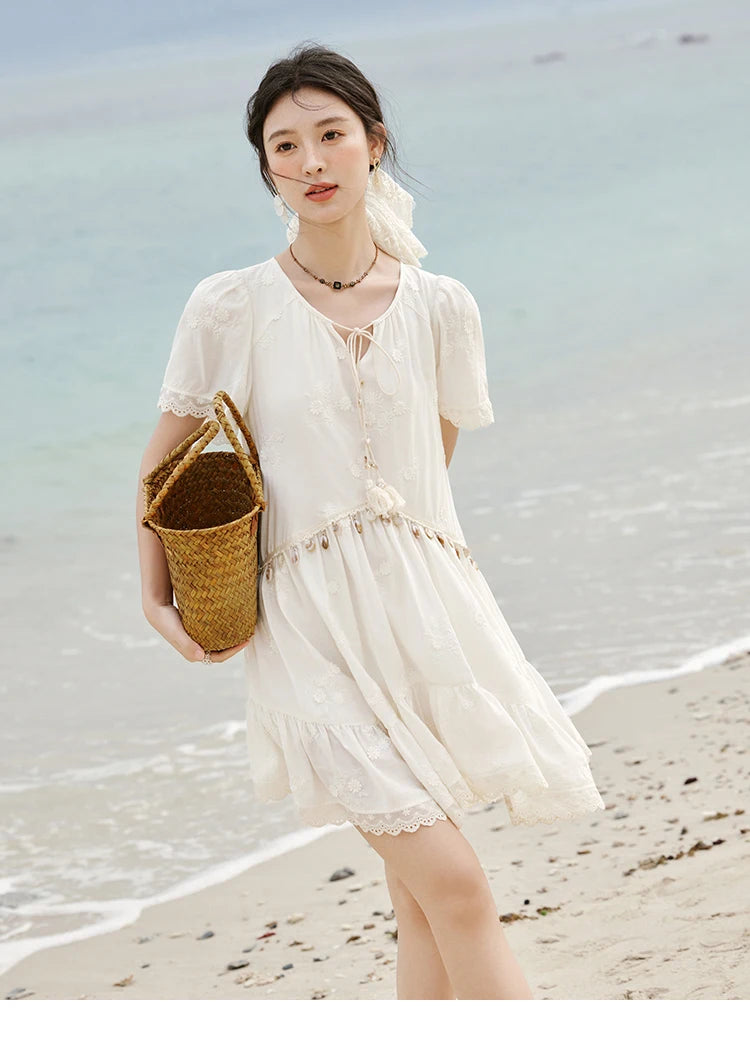 MISOHW Bohemian Solid Women's Summer Dress New 2025 Short Sleeve V-neck Shell Lace Midi Dresses for Woman Fashion MXE33L2195