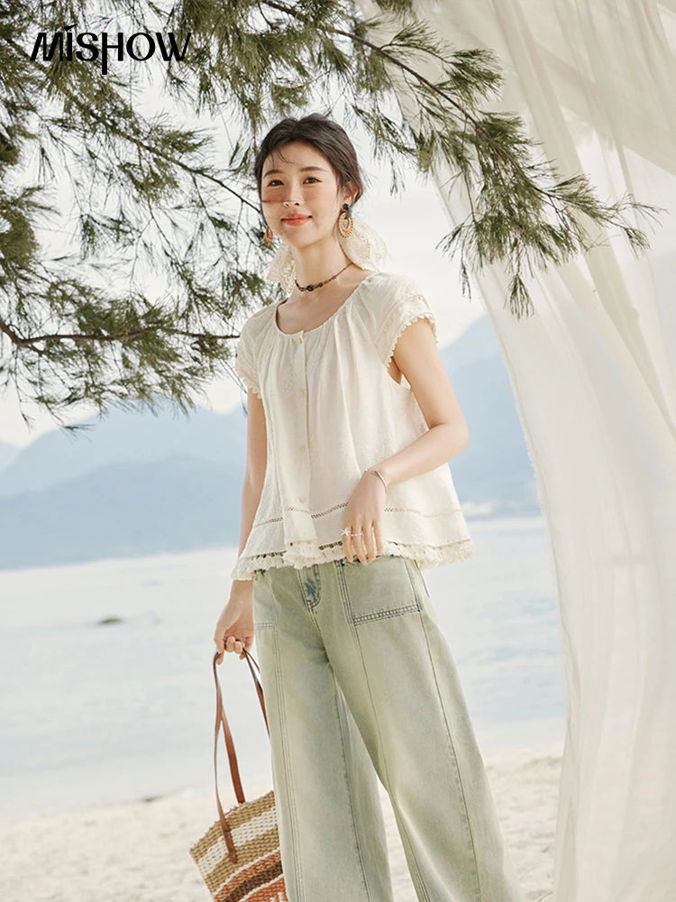 MISHOW Embroidered French Shirt Women Summer 2025 Short Sleeve Round Neck Solid Blouses Female Fashion New Tops Lady MXE33X1744