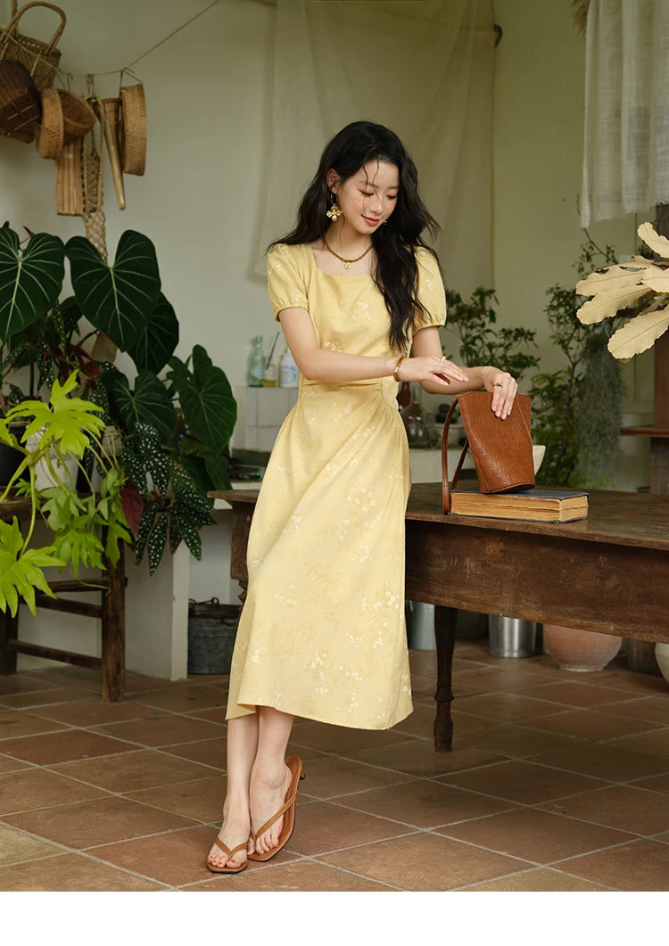 MISHOW Women's Clothing Fashion Square Neck Puff Sleeve Dress Summer 2025 New Bamboo Leaf Jacquard Pattern Dresses MXE39L2415