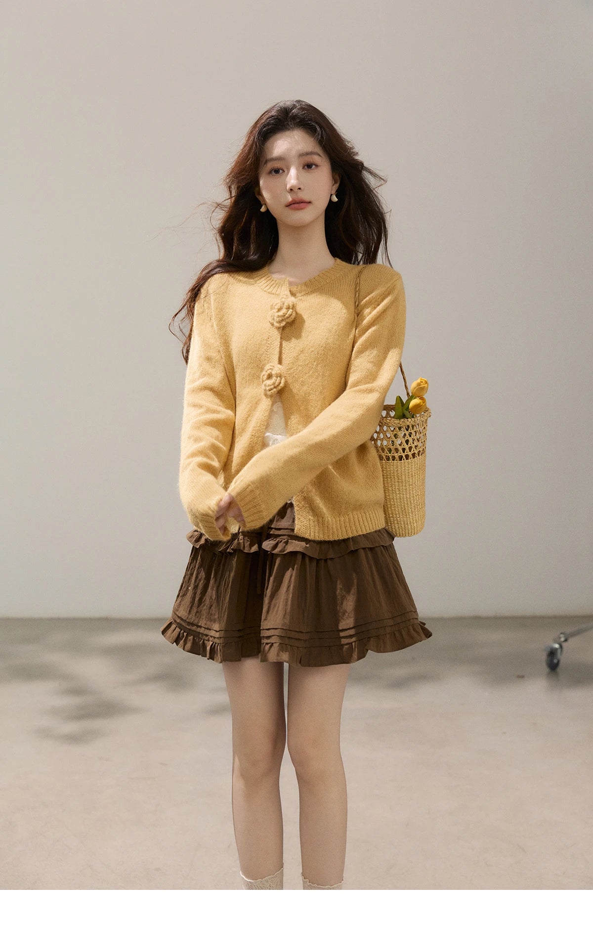 MISHOW Women's Flower Decor Mohair Fork Knit Cardigan 2026 Spring Crew Neck Long Sleeve Tops Casual Solid Sweater MXF15Z3051