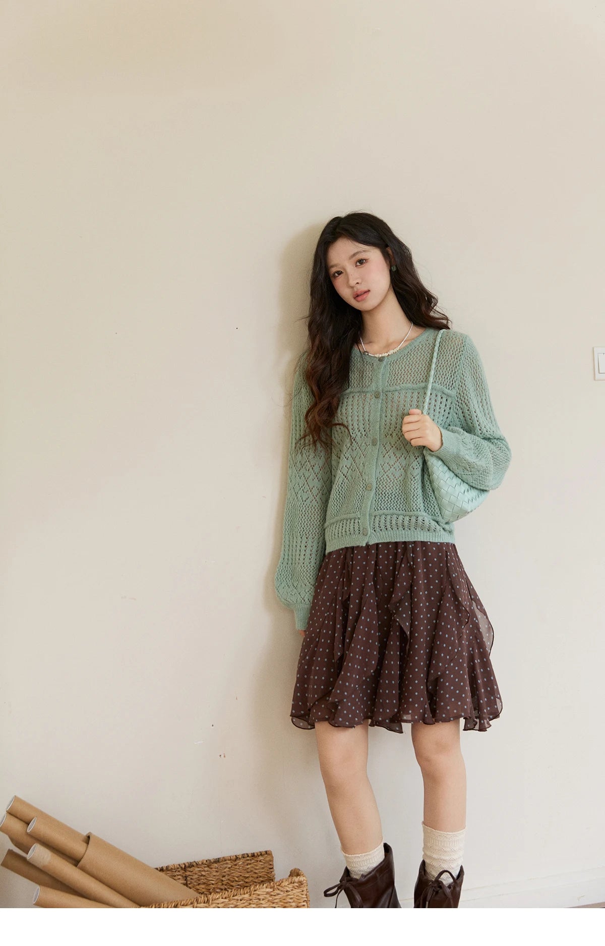 MISHOW Women's Brown Polka Dot Skirt Spring Irregular Ruffled Chiffon Elastic Waist Skirts Casual A-line Mini Skirt MXF13B2476