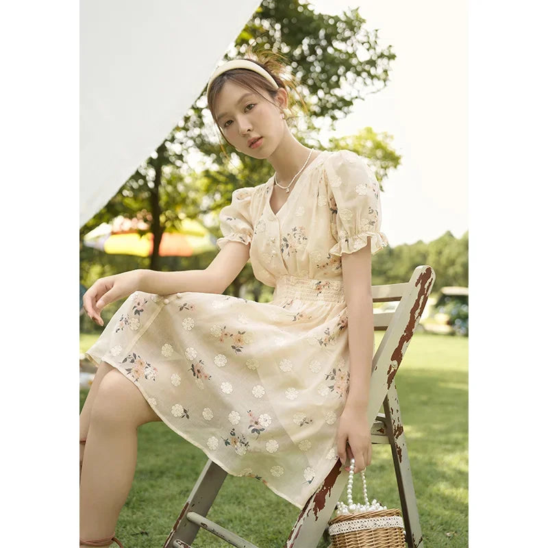 MISHOW Women's Chiffon Dress 2025 Summer French Elegant Floral Embroidered A-LINE V-Neck Sweet Knee-Length Dresses MXC38L1424