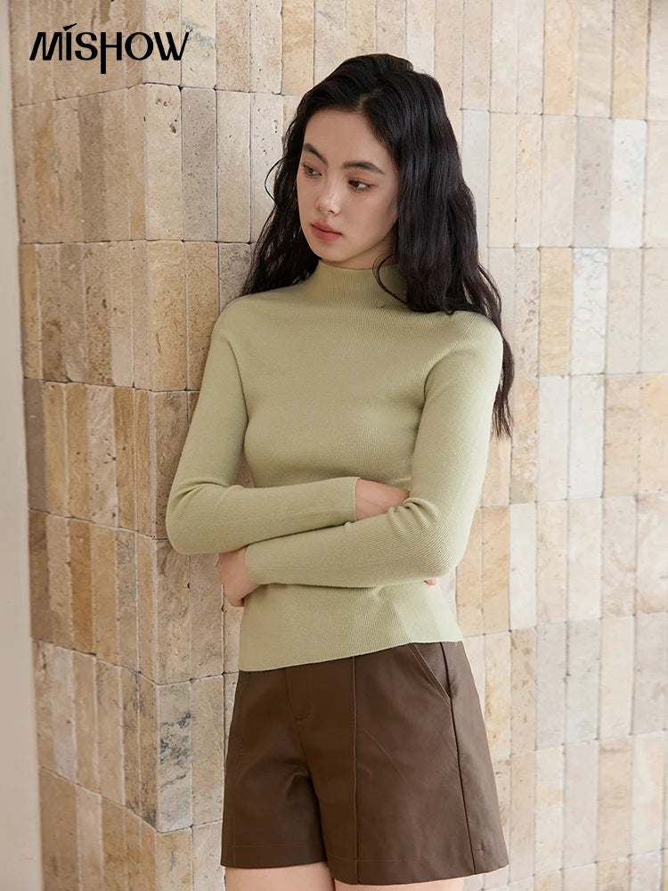 MISHOW Woman Long-sleeved Tops 2025 Autumn Winter Minimalist Mock Neck Knited Top Commute Casual Slim Pullover Woman MXE48Z2583
