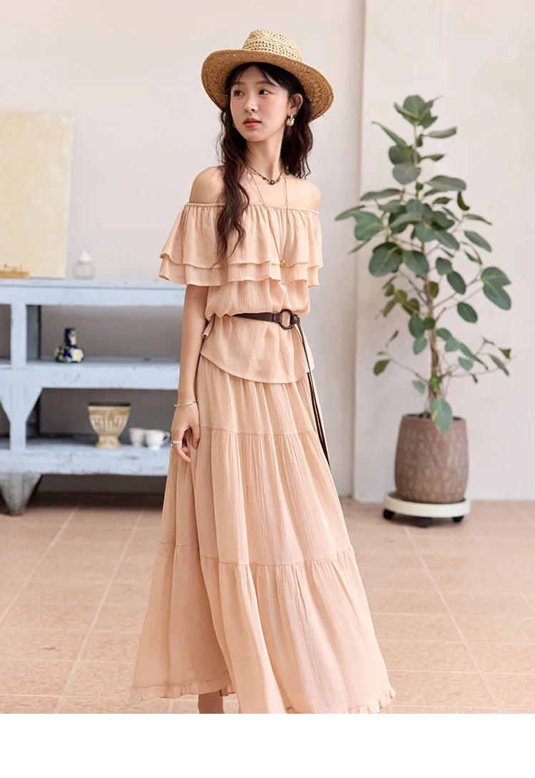 MISHOW Women Fashion Two-Piece Set 2025 Summer Loose Lotus Leaf Edge Off Shoulder Top Elastic Waist Skirt Ladies Set MXE36T0637