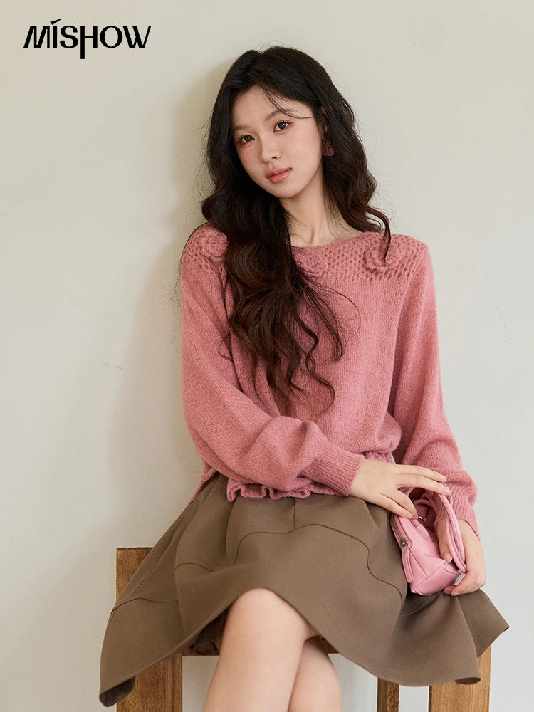 MISHOW Women's Pink Hollow-out Knitwear 2026 Spring Crew Neck Floral Embroidery Sweater Ruffled Hem Casual Loose Top MXE94Z2865