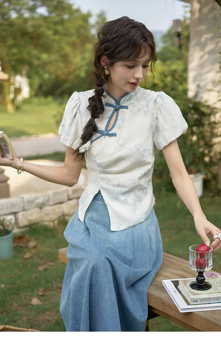 MISHOW Chinese Embroidered T-shirt High Waist Skirt Separately Summer 2024 Short Sleeve Split Hem Tops Denim Skirts MXD28X1604