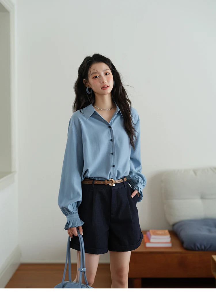 MISHOW Women's Shirts 2025 Autumn Color Blocking Buttons Pleated Cuffs Loose Top Female Solid Lapel Commuting Shirts MXE41C2352