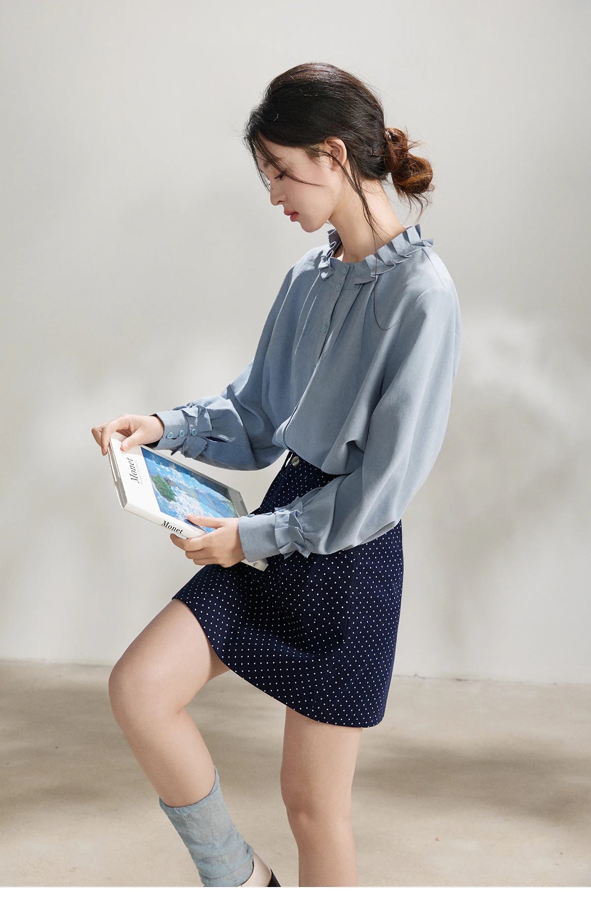 MISHOW Women's Peach Skin Solid Shirt 2026 Spring Ruffled Crew Neck Single-breasted Tops Casual Long Sleeve Shirts MXF11C2431