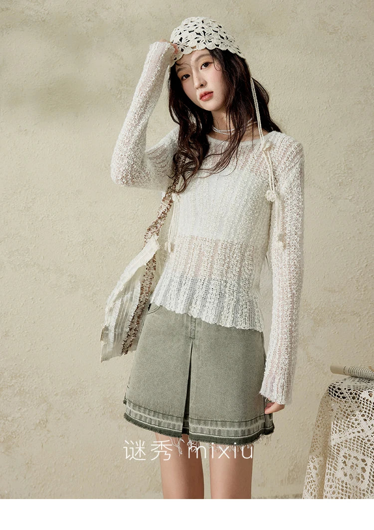 MISHOW Women 's Apricot White Hollow Knitted Sweater Spring 2025 Mohair Cover Drop Sleeve Top Strapless Slim Tube Top MXE12Z1120