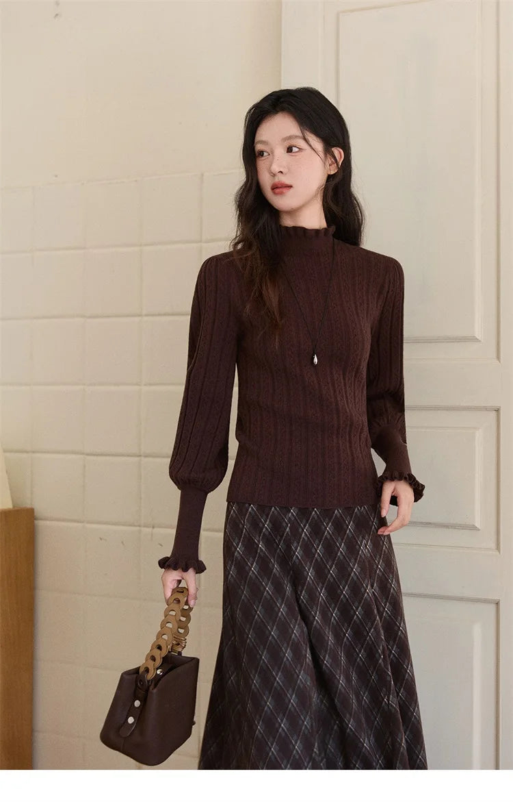 MISHOW Women's Half Turtleneck Ruffle Trim Lantern Sleeve Bottoming Tops 2025 Winter Vertical Rib Slim Knitted Top MXE93Z2810