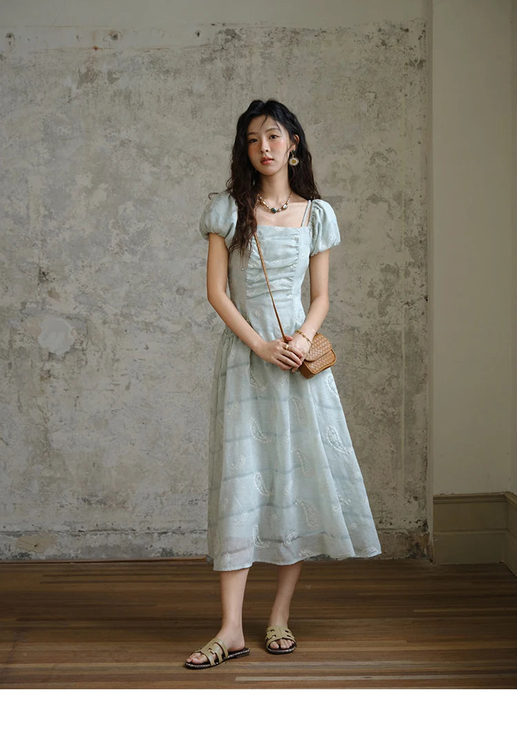 MISHOW Fashion Embroidery A-line Dress for Women 2025 Summer Puff Sleeve Square Neck Vacation Dresses Female Clothing MXE34L2265