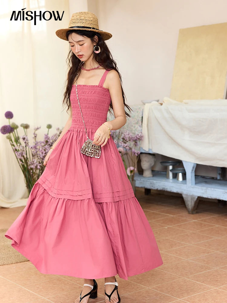 MISHOW Sling Square Collar Dress for Women 2025 Summer High Waist Pocket Fashion A-line Long Dress Ladies Clothing MXE36L2319