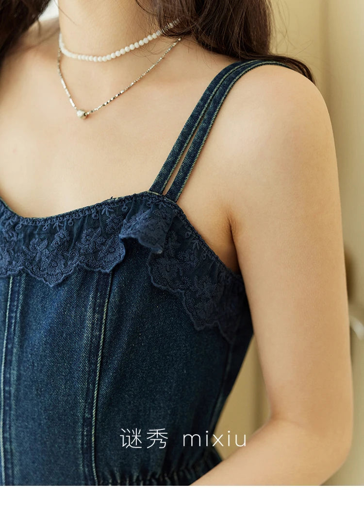 MISHOW Denim Camisole Dress Hollowed Out Cardigan Separately Spring Knitted Cardigan Lace Edge Waist Dress(Not A Set) MXE13L2094