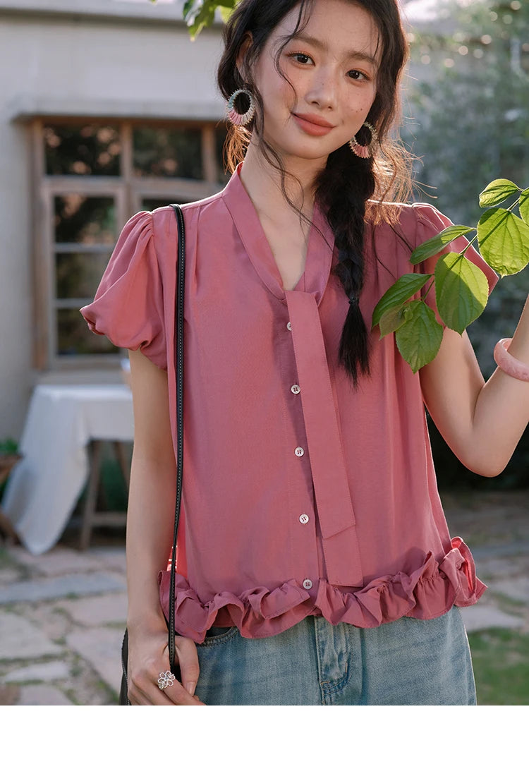 MISHOW Women's Summer V-neck Blouse 2025 New Fashion Puff Sleeve Lace Up Button Sweet Top Casual Female Clothing MXE38X1914