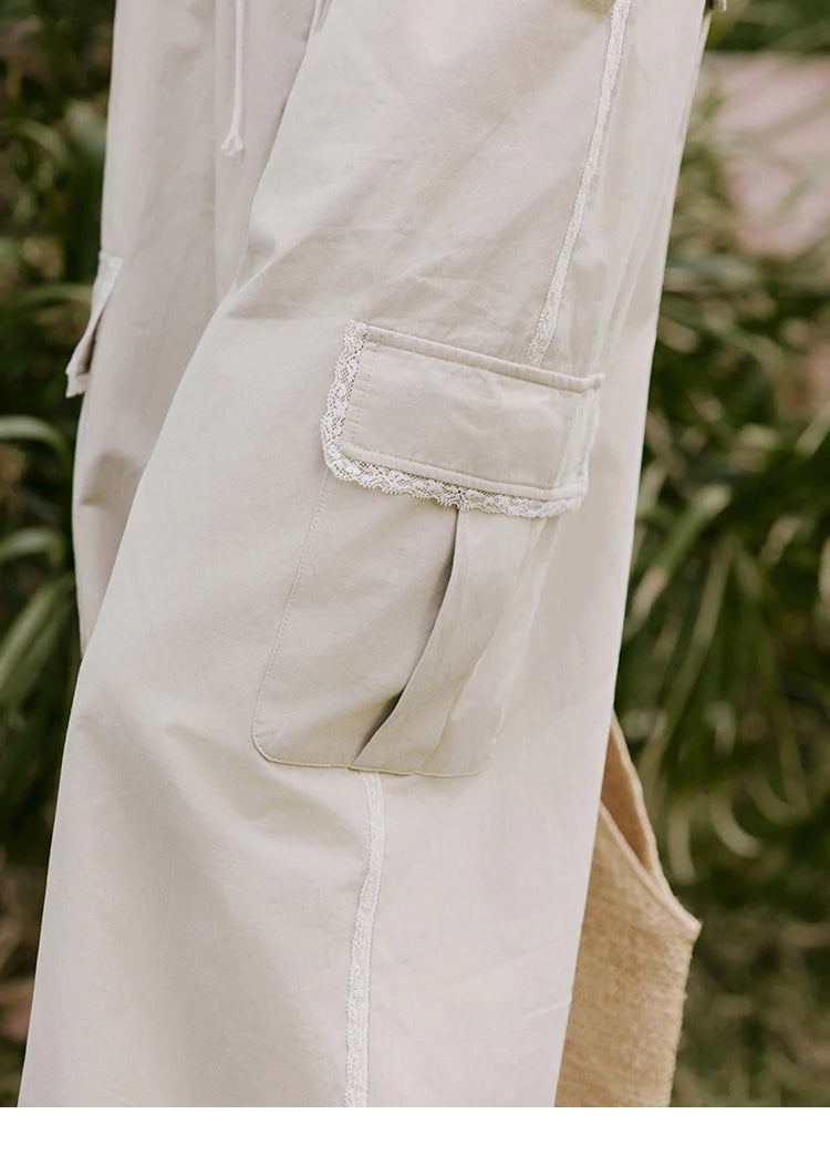 MISHOW Apricot Cargo Pants for Women in Summer 2025 Lace Patchwork Casual Pants Drawstring Elastic Waisted Trousers MXE33K0935