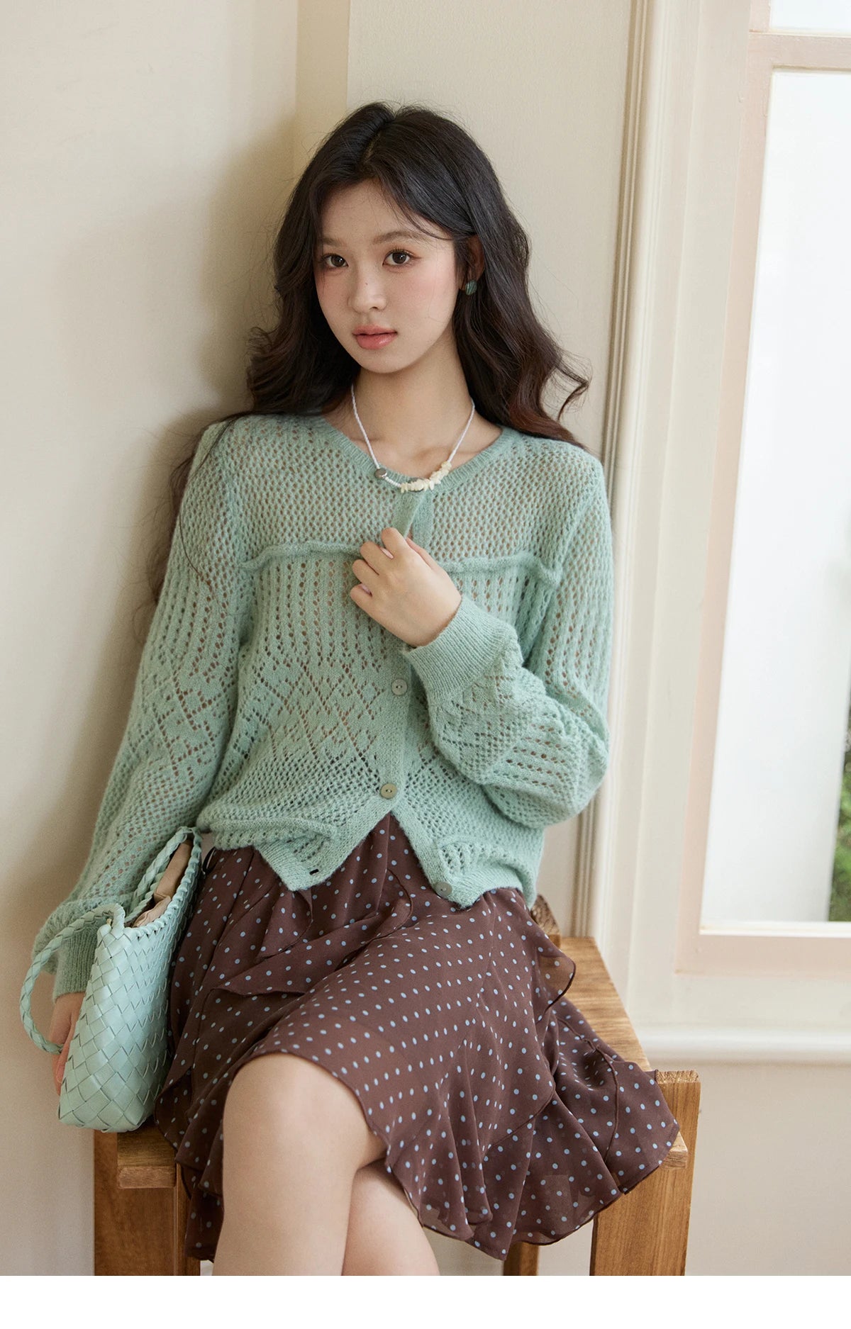 MISHOW Women's Mint Green Knitted Cardigan 2026 Spring Crew Neck Hollow Out Thin Tops Casual Loose Sheer Sweater MXF108Z1046