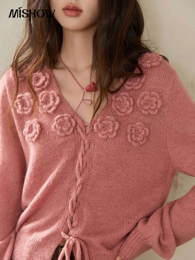 MISHOW V-Neck Sweater 2025 Autumn Winter French Loose Pink Three-Dimensional Rose Knitted Pullovers Long-sleeved Tops MXE88Z2708