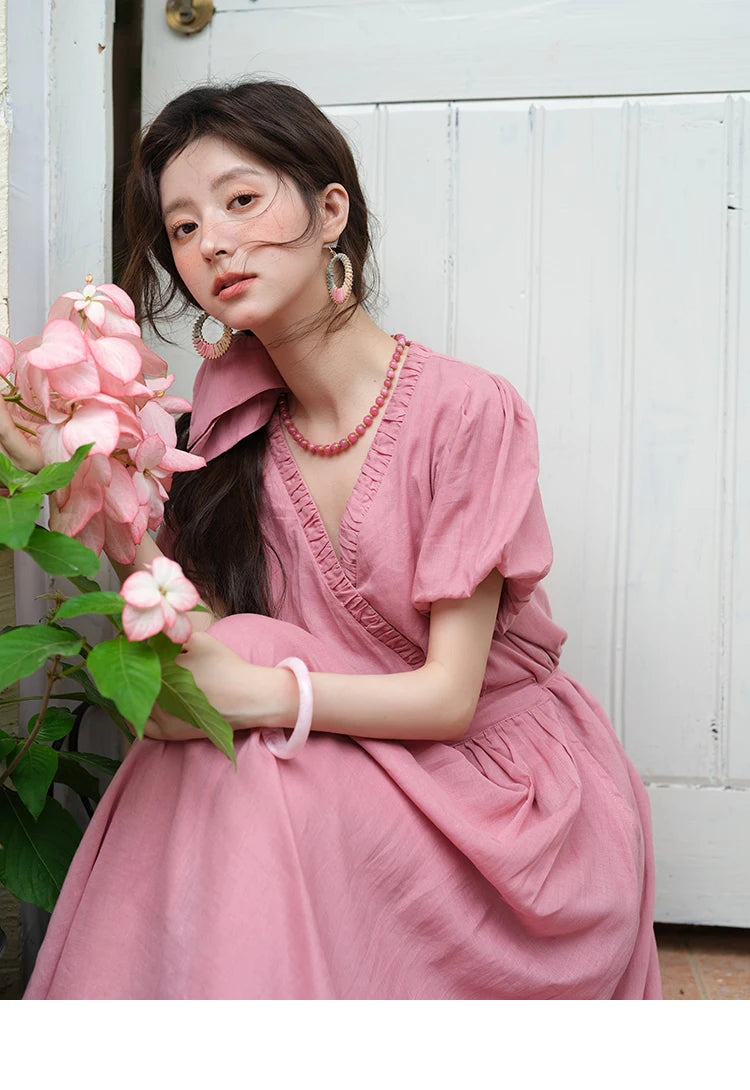 MISHOW Summer Fashion V-neck Dress Woman 2025 New Puff Sleeve Sashes Elegant Pocket Vacation Dresses Ladies Clothing MXE39L2381