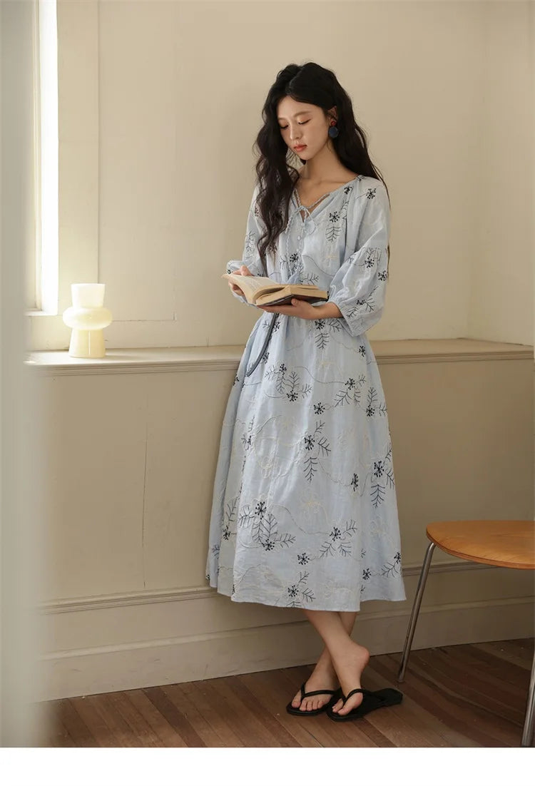 MISHOW Blue Flower Embroidered Dress 2025 Autumn Seven Cent Lantern Sleeve Tassel Tie Rope V-neck Dresses with Belt MXE42L2493