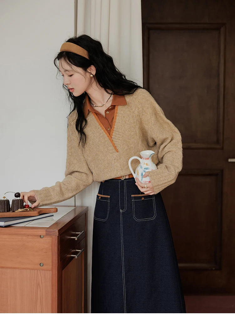 MISHOW Vintage Sweater False Two-piece Sweet Fashion V-neck Knitwear 2024 Fall New Vintage Versatile Sweater Tops MXD42Z0695