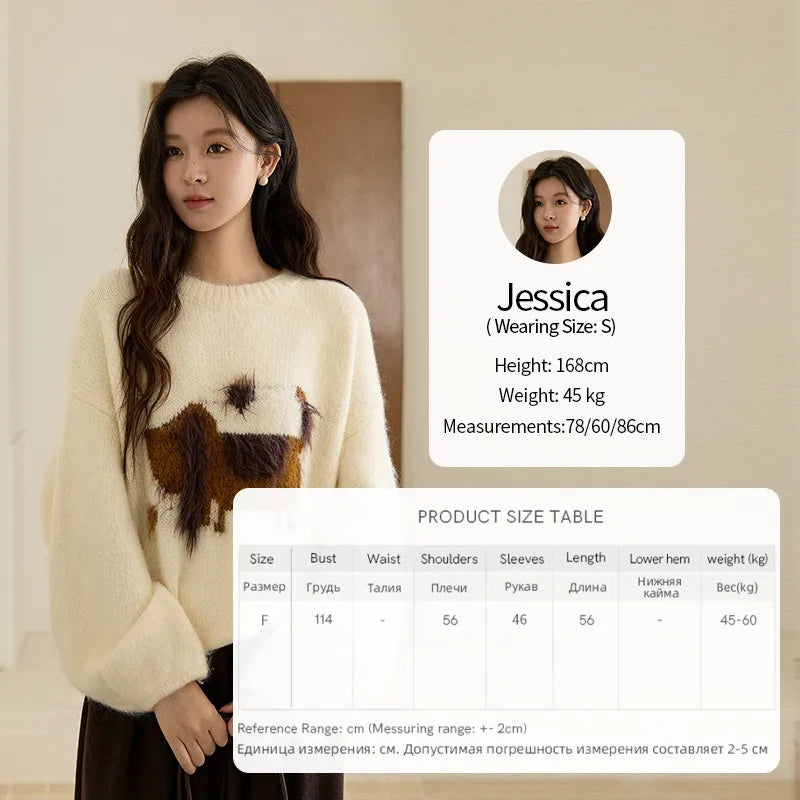 MISHOW Women's Solid Knitted Sweater 2025 Autumn Winter Dog Pattern Jacquard Crew Neck Fluffy Warm Loose Pullover Top MXE94Z2988