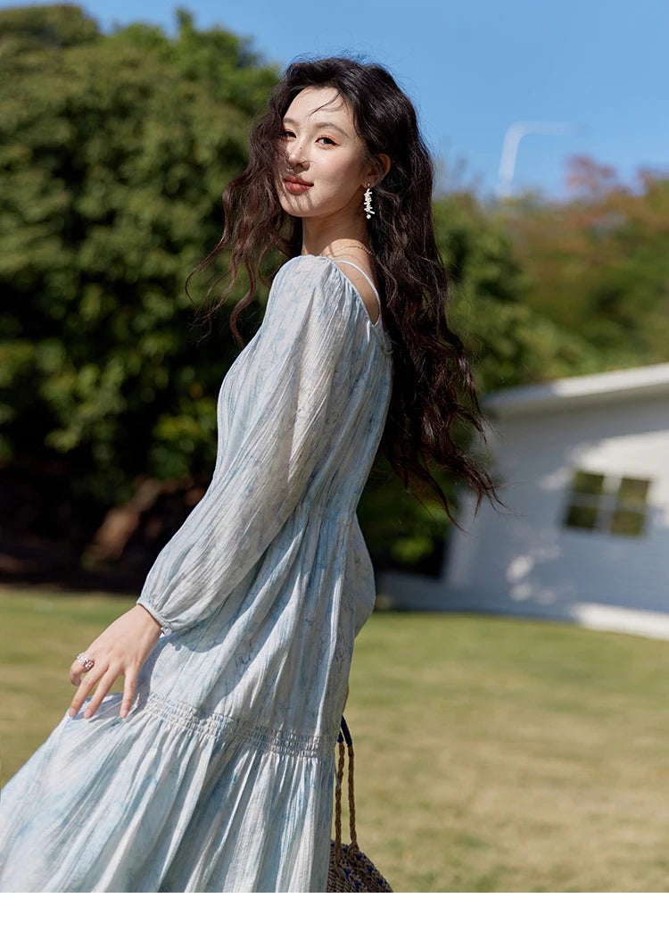 MISHOW Printed Blue Blending Chiffon Vacation Dress Spring 2025 Drawstring Waist Long Dress Lantern Sleeve Dresses MXE16L2114