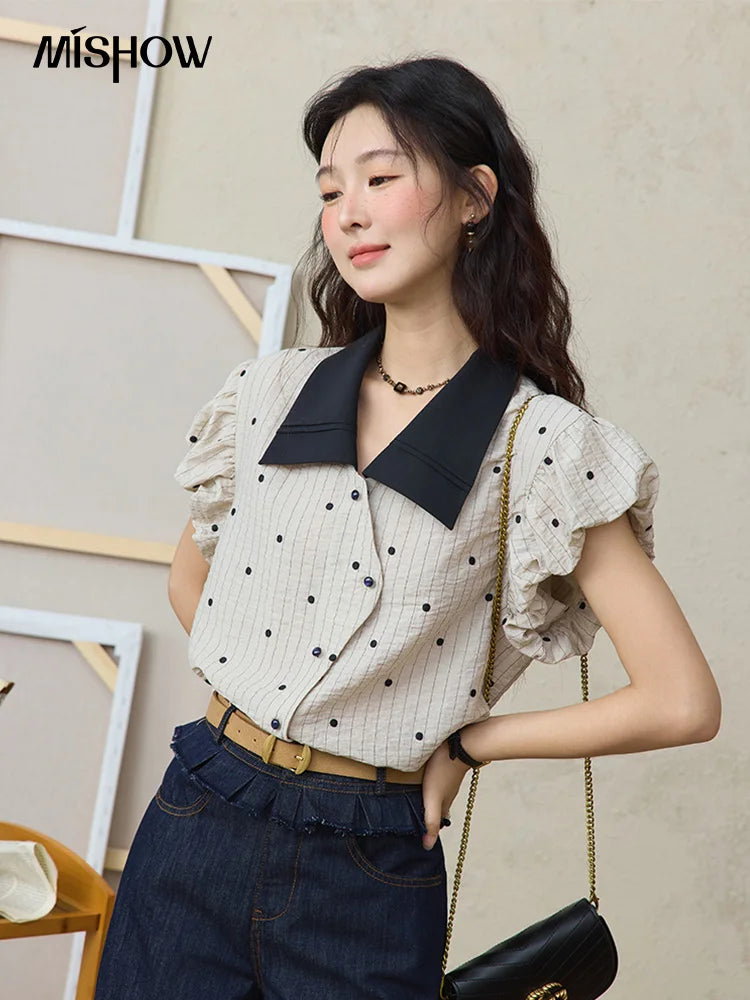 MISHOW Summer Office Lady Blouses Women 2025 Short Sleeve Turn-down Collar Polka Dot Shirts Female Fashion Slim Tops MXE31C0776
