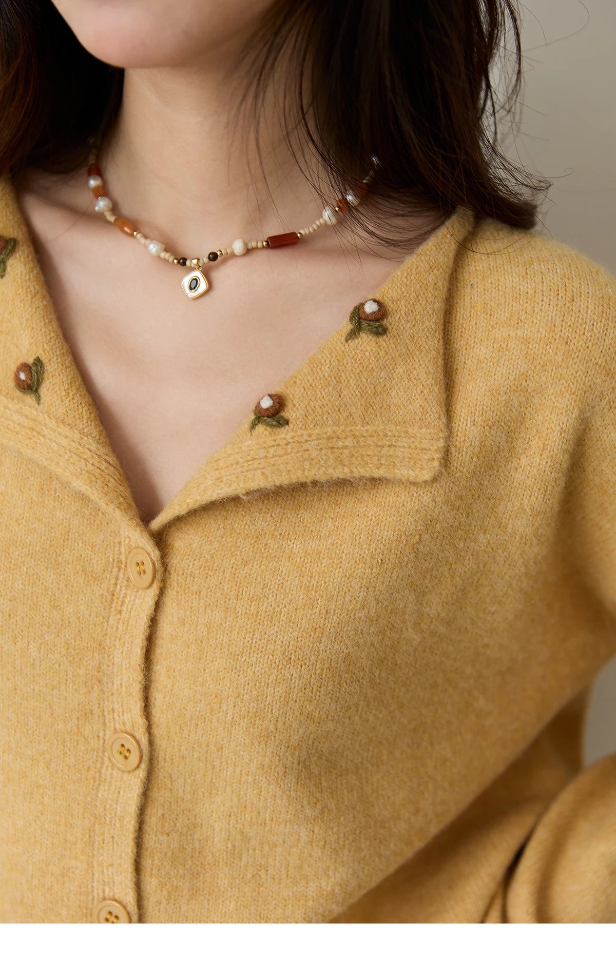 MISHOW Women's Autumn Cardigan 2025 Retro Yellow Handmade Flower Cardigan Turn-down Collar Knitted Commute Cardigan MXE47Z2591