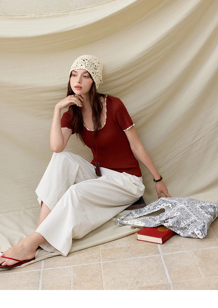 MISHOW Office Lady Summer Sweater Women 2025 New Solid Short Sleeve Lace Collar Contrast Color Hook Design Tops Slim MXE33Z1218