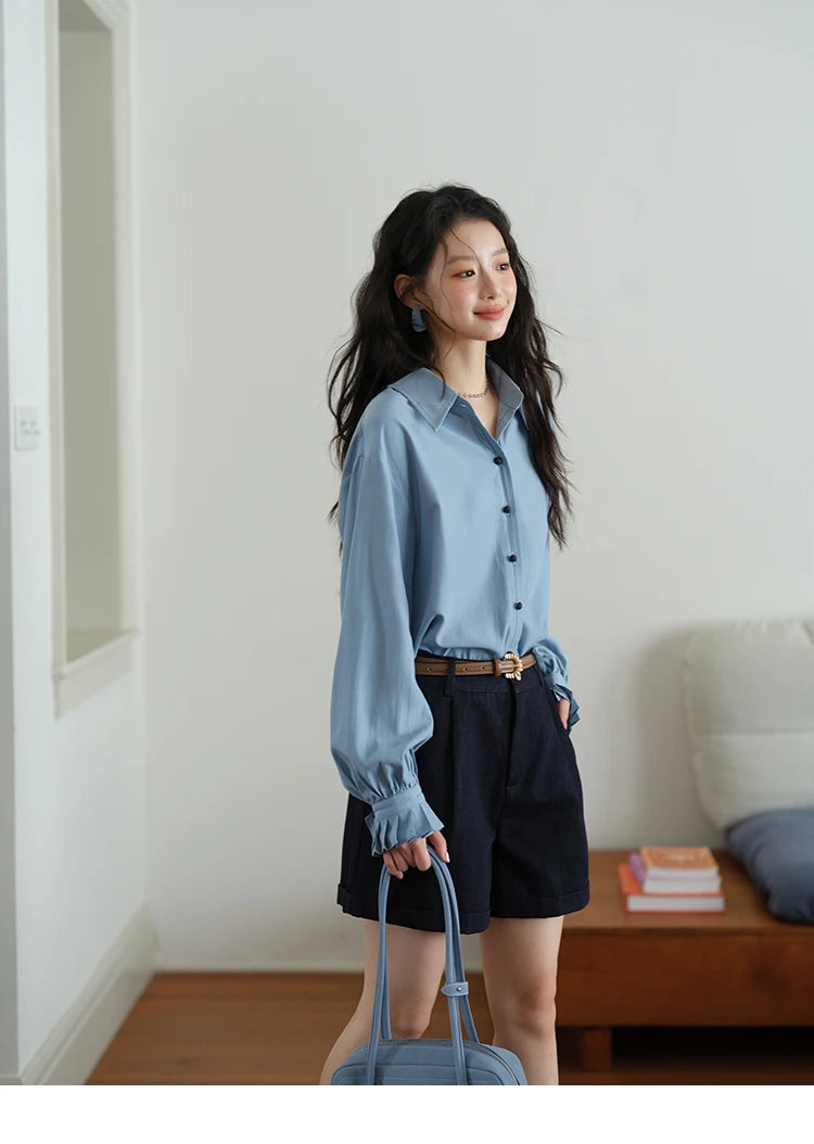 MISHOW Women's Shirts 2025 Autumn Color Blocking Buttons Pleated Cuffs Loose Top Female Solid Lapel Commuting Shirts MXE41C2352