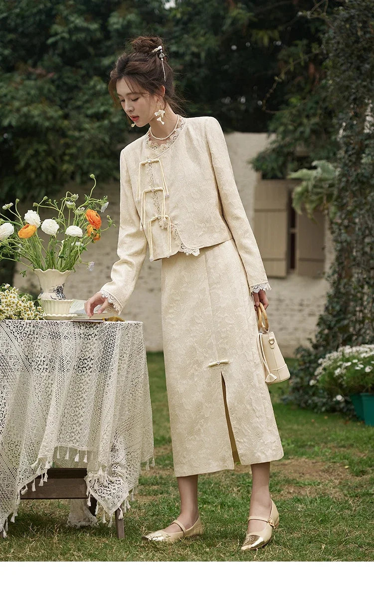 MISHOW Chinese Lace Edge Jacket Midi Skirts Separately Spring 2025 Elegant Top Irregular Jacquard Front Split Skirts MXD15W0370