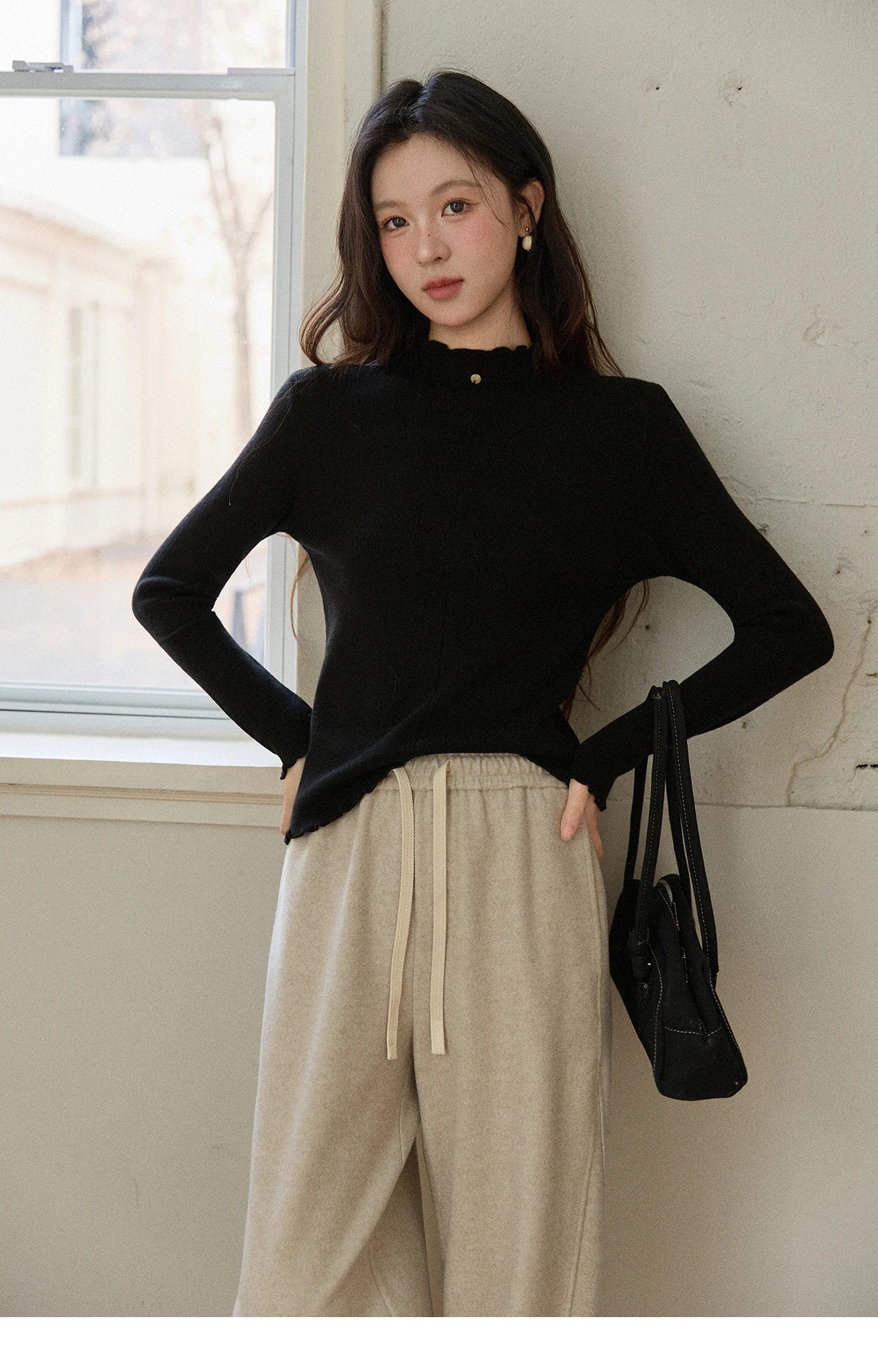 MISHOW Women's Knitted Long-Sleeved Top 2025 Winter Solid Slim Fit Ruffled Turtleneck Sweater Warm Soft Commuting Top MXE91Z2826