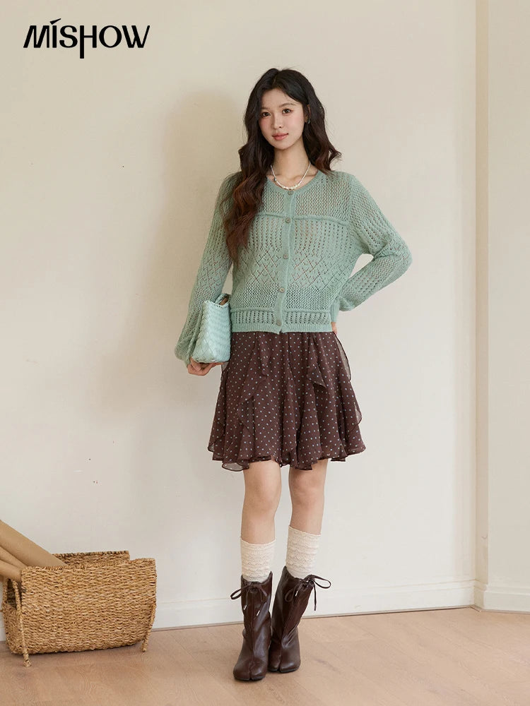 MISHOW Women's Brown Polka Dot Skirt Spring Irregular Ruffled Chiffon Elastic Waist Skirts Casual A-line Mini Skirt MXF13B2476