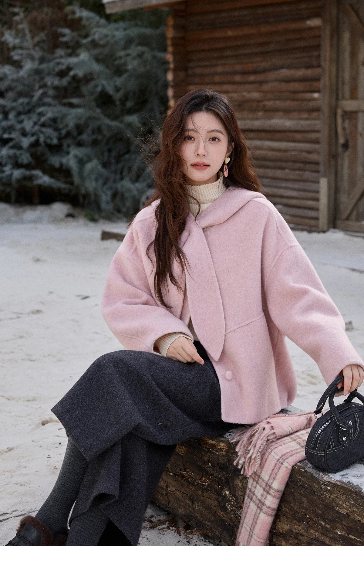 MISHOW Pink Wool Double-sided Woolen Coat Winter Hooded Bow Tie Strap Coats Loose Dropped Sleeves Coat Office Lady MXE91W1010