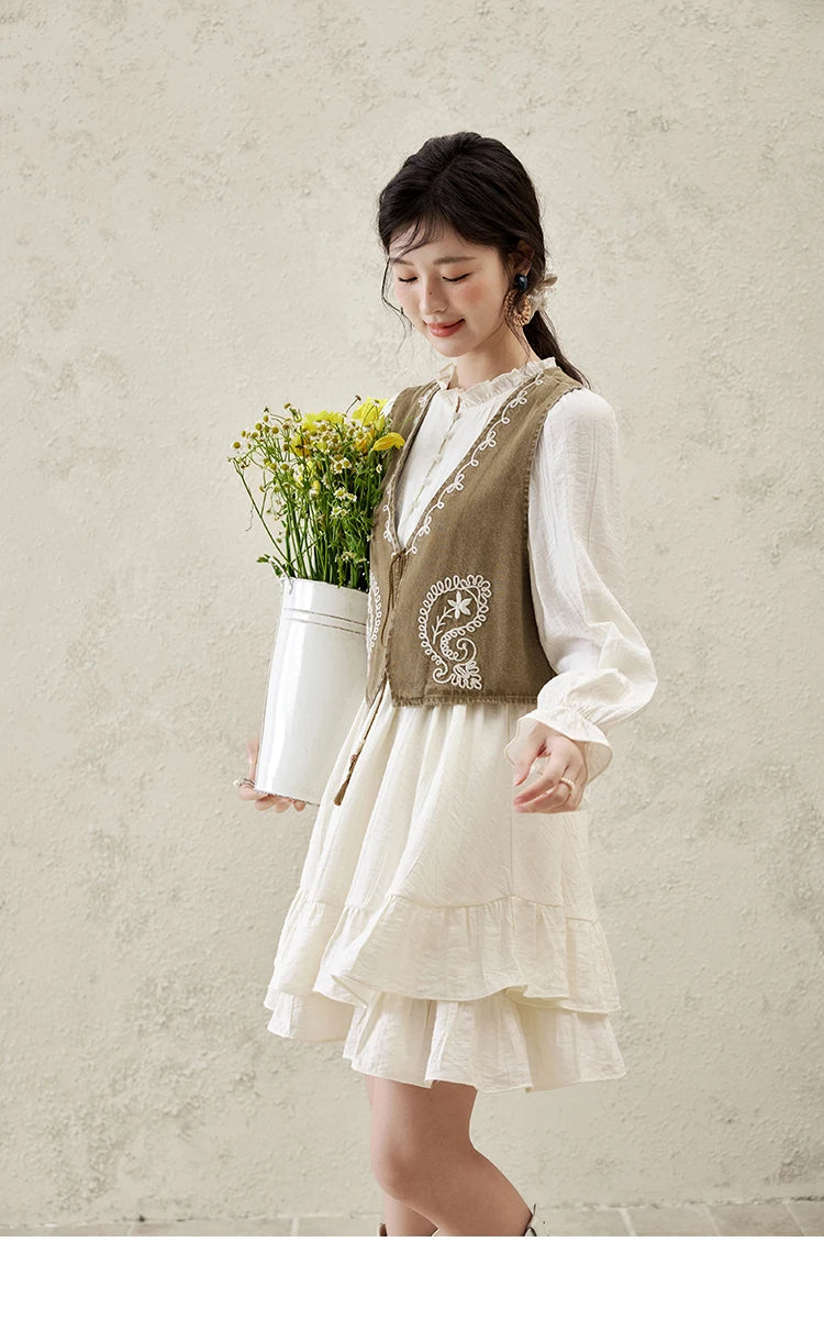 MISHOW Spring Elegant Vests Dress Separately Women 2025 Solid Long Puff Sleeve Midi Dresses Print Denim Vest Fashion MXE16L2197