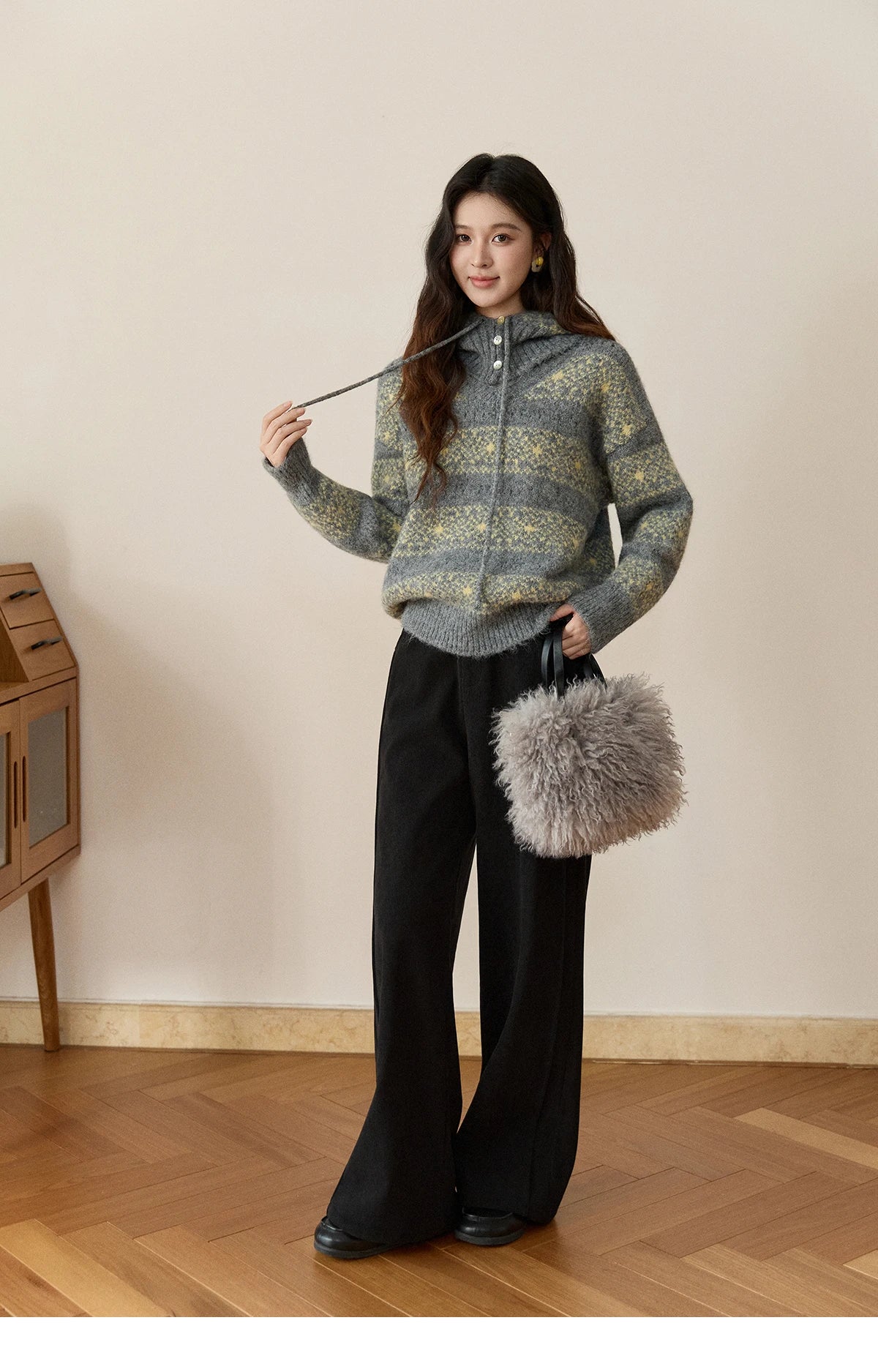 MISHOW Women's Fair Isle Knitted Sweater 2025 Winter V-neck Wool Blend Casual Tops Removable Hood Warm Loose Sweaters MXE94Z2979