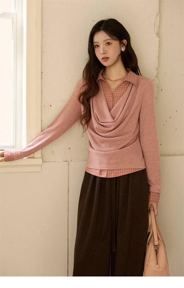 MISHOW Women Knit Top 2025 Winter Faux Two-piece Pullovers Retro Plaid Patchwork Draped Collar Luxury Design Pink Top MXE87Z2747