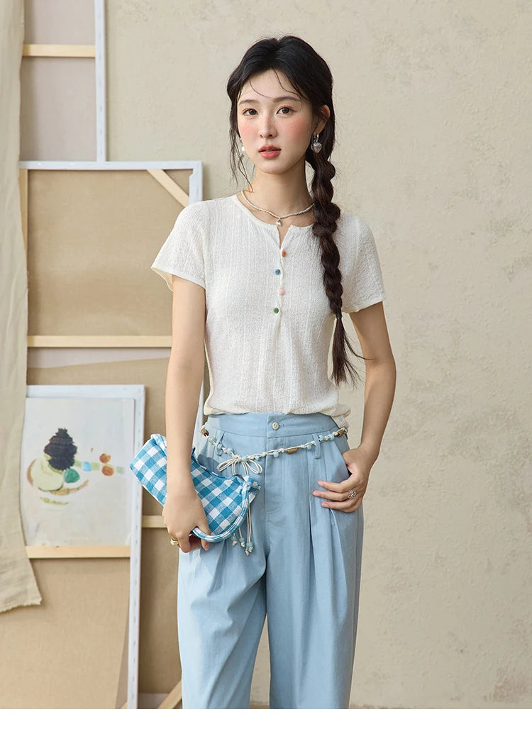 MISHOW Sea Salt Blue Wide Leg Pants 2025 Summer Contrasting Bead Belt Cotton Blend Trousers Slim Commuting Pants MXE35K0931