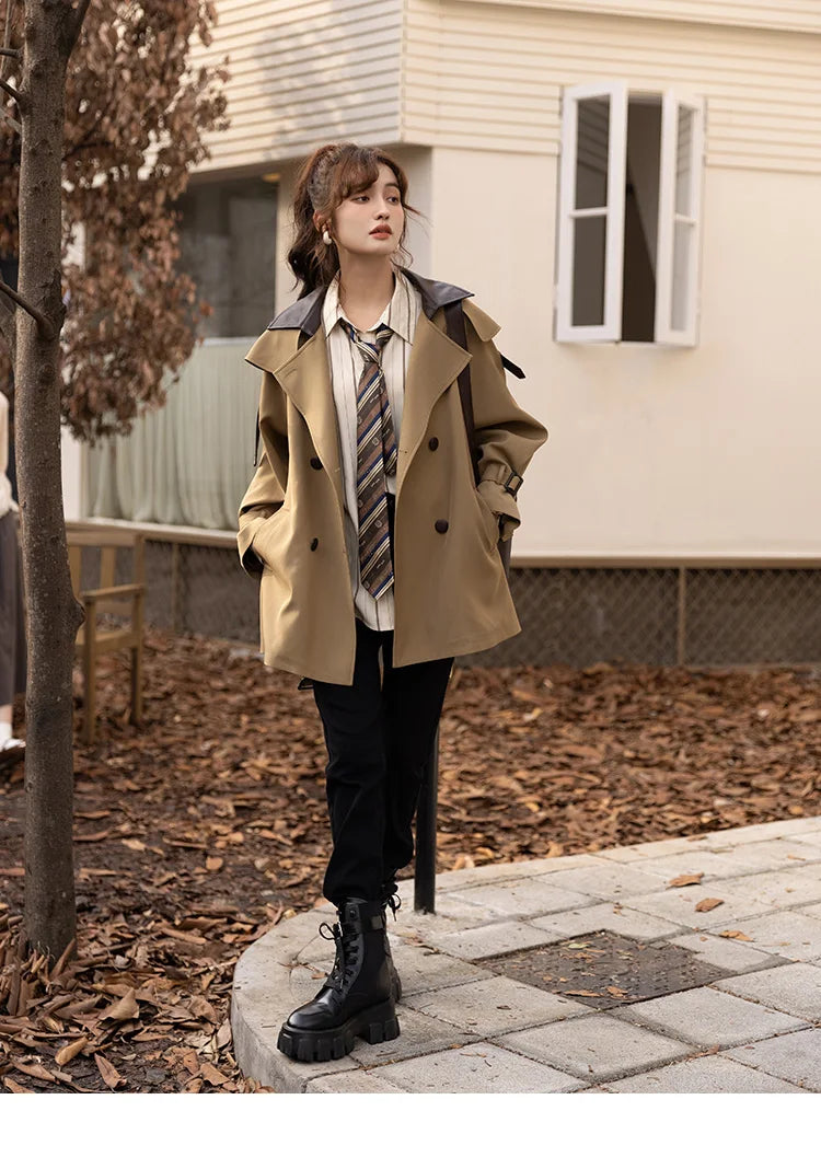 MISHOW Trench Coats for Women Autumn Korean Office Lady Polo Collar Patchwork Long Mid-length Jacket Female Outerwear MXB33W0399