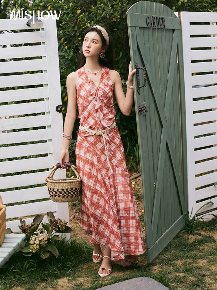 MISHOW French Retro Red Grid Hanging Neck Blouse for Women Summer 2025 Ruffled Edges Backless Blouses Vacation Top MXE34X1785