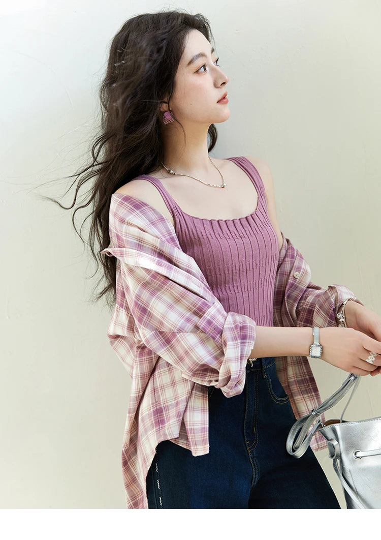 MISHOW Women's 100 Cotton Long-sleeve Purple Plaid Shirt Spring 2025 Loose Pockets Casual Shirts Korean Polo Neck Top MXE14C0417