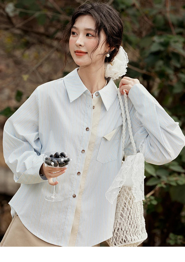 MISHOW Light Blue Striped Shirt for Women Spring 2025 Contrast Color Placket Shirt 100 Cotton Polo Neck Commuting Top MXE15C0762