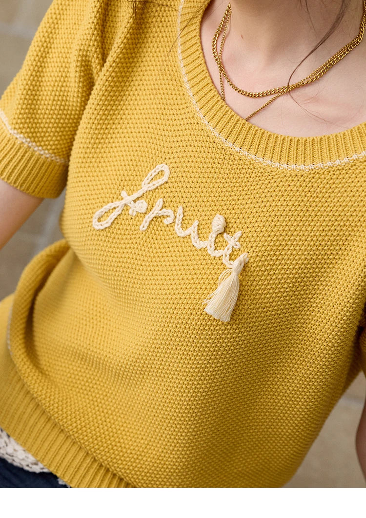 MISHOW French Knitted Pullover Women Summer 2025 Letter Short Sleeve Round Neck Slimming Sweater Female Fashion MXE33Z1219