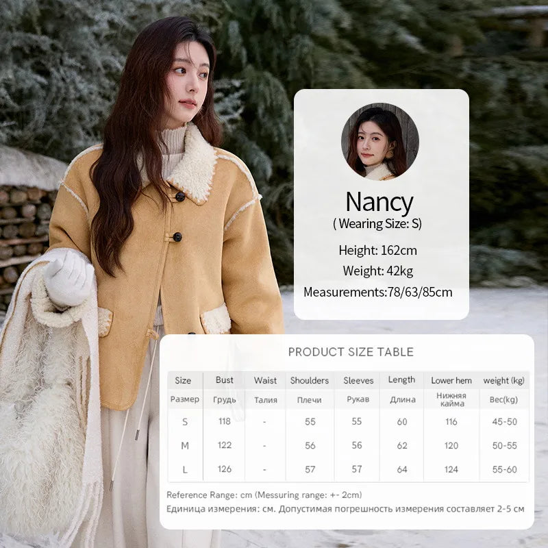 MISHOW Yellow Thickened Fur Integrated Suede Jacket for Women Winter 2025 Lapel Loose Warm Imitation Lamb Fur Jacket MXE92W1016