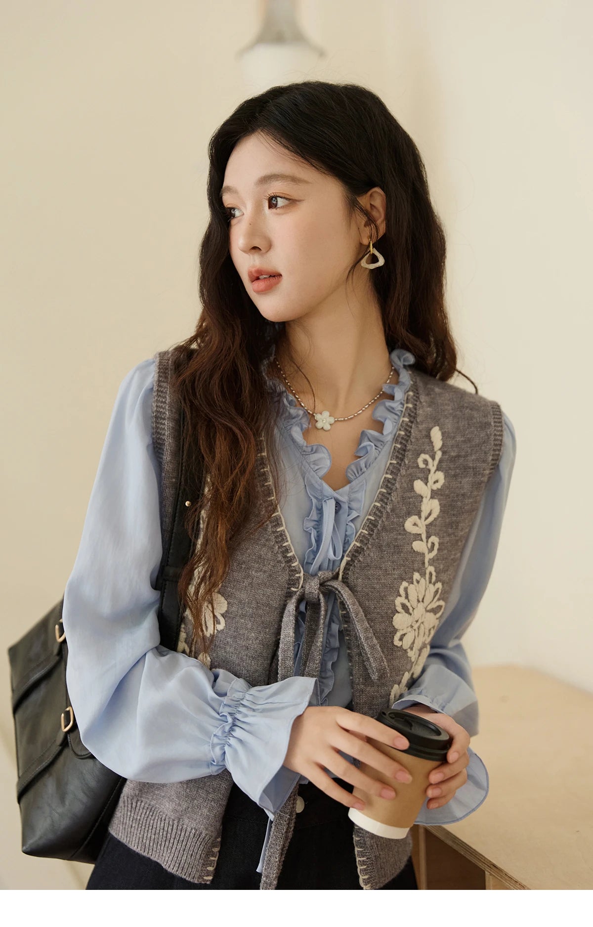 MISHOW Women's Knitted Vests 2025 Autumn Solid Embroidered Vest V-neck Tie Short Loose Outerwear Versatile Knit Top MXE45Z1397