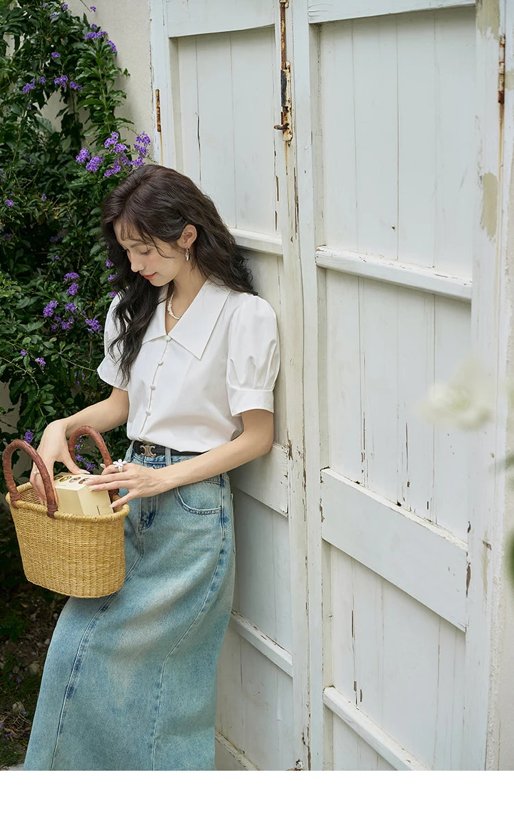 MISHOW Bubble Sleeve V-neck Commuting Shirts for Women 2025 Summer Retro Lapel Neck Short Sleeve Loose Solid Tops MXD28X1471