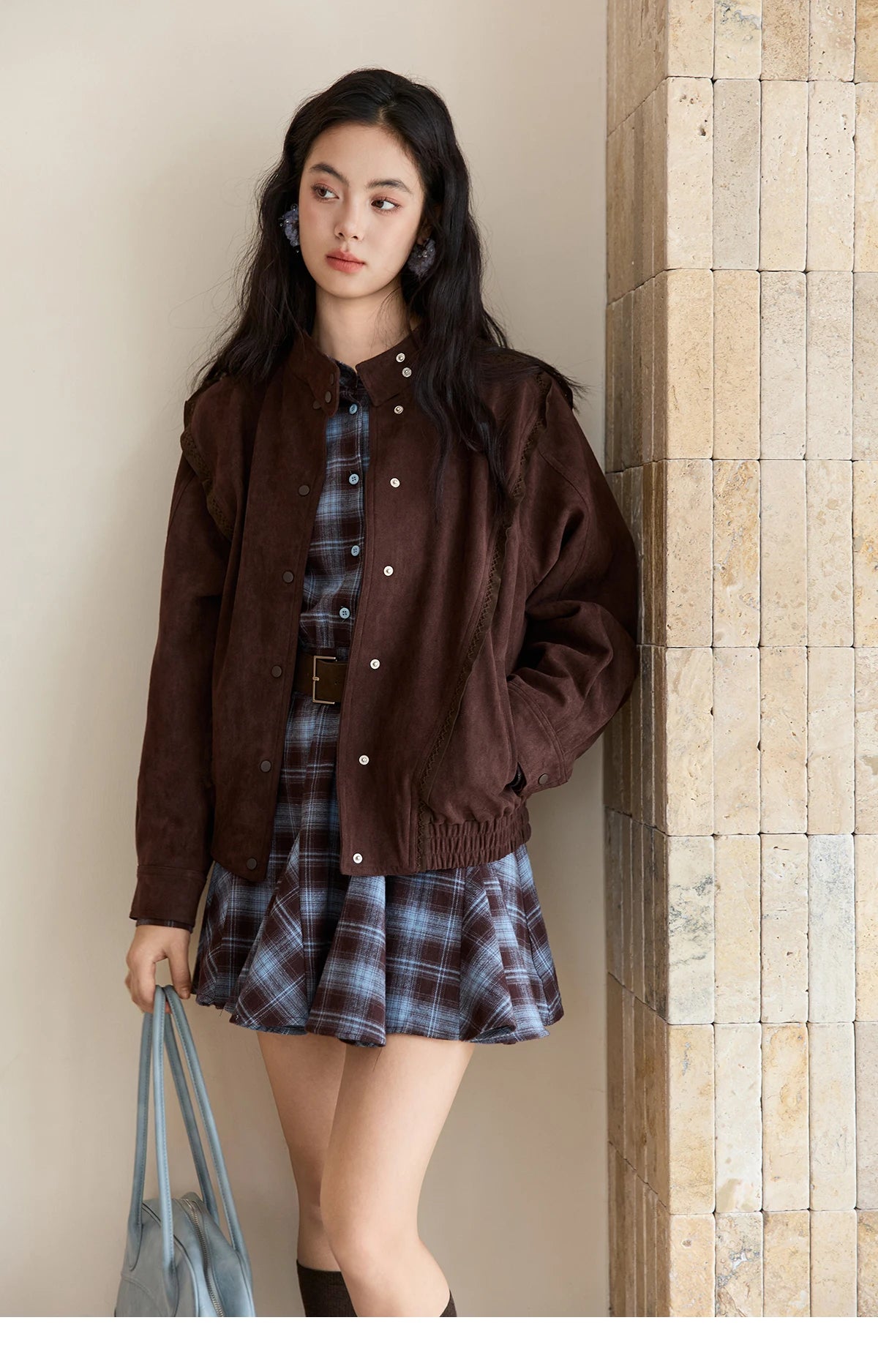 MISHOW Women's Blue Plaid Short Dress 2025 Autumn Retro Turn-down Collar Waist-Cinched Long Sleeve Dress with Belt MXE48L2525